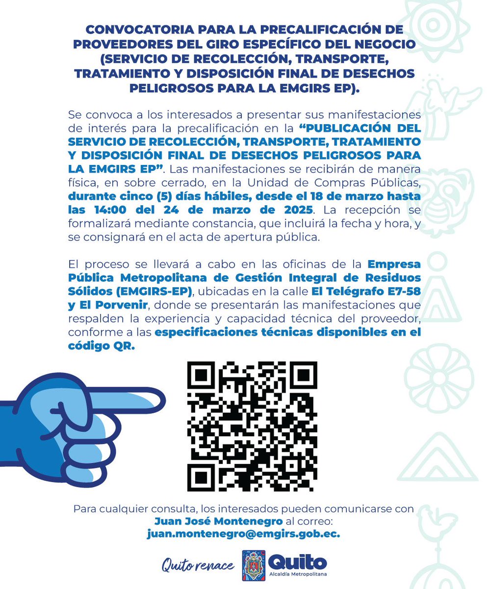 EMGIRSEP's tweet photo. 🛎️ #EmgirsInforma | Convocatoria para la precalificación de proveedores del giro específico de negocio 

Con gestión responsable, #QuitoRenace https://t.co/pzv8aiakNG