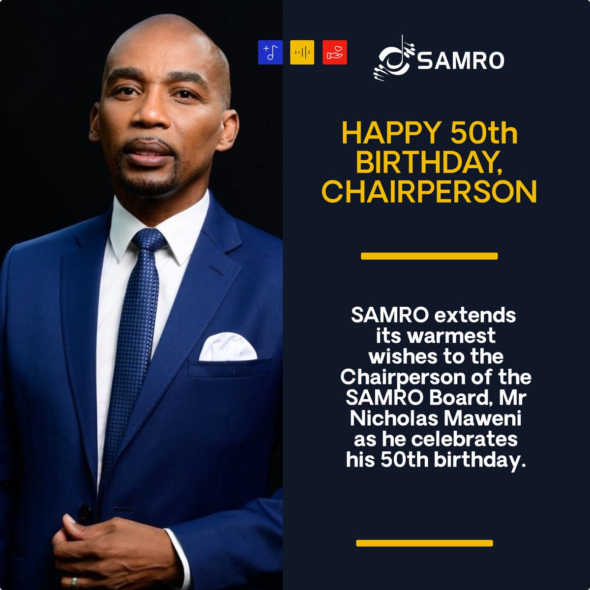 SAMROMusic's tweet image. SAMRO extends its warmest wishes to the Chairperson of the SAMRO Board, Mr Nicholas Maweni as he celebrates his 50th birthday.

#HappyBirthday #SAMRO #Chairperson