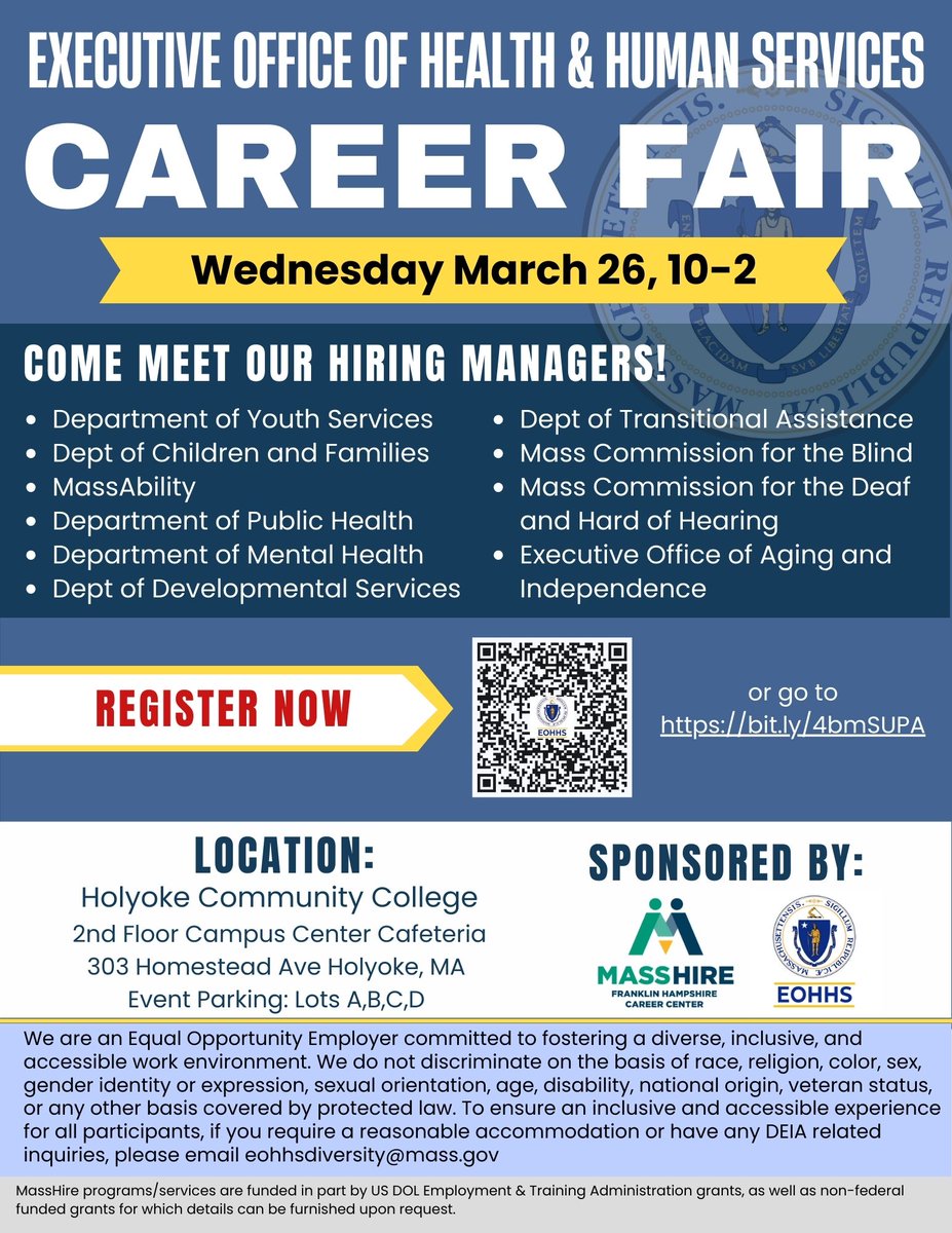 The Executive Office of Health and Human Services is hosting an in-person career fair on Wednesday March 26, 2025, from 10a-2p at Holyoke Community College (2nd floor Campus Center Cafeteria) located at 303 Homestead Ave Holyoke, MA. 

Register here: bit.ly/4bmSUPA