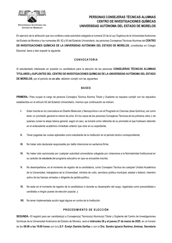 CIQUAEM's tweet photo. #Invitación
El #CIQ lanza la convocatoria para elección de Consejeras Técnicas alumnas Titulares y Suplentes del CIQ
#UAEM #IICBA https://t.co/PtQeyOCPlc