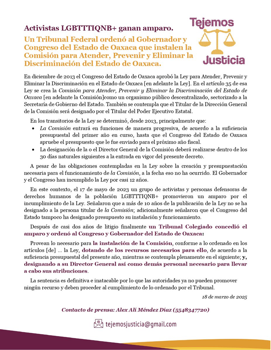 TJ (@tejemosjusticia) on Twitter photo 1⃣/3⃣🏳️🌈🏳️🌈🏳️⚧️🏳️⚧️🚨 GRANDES NOTICIAS!!!
Hoy queremos compartirles que después de dos años de litigio nos concedieron un amparo para que <a href="/salomonj/">Salomón Jara Cruz</a> y el <a href="/CongresoOaxaca_/">Poder Legislativo Oaxaca</a> instalen la para Atender, Prevenir y Eliminar la Discriminación del Estado de Oaxaca. Abrimos 🧵 1⃣/3⃣🏳️🌈🏳️🌈🏳️⚧️🏳️⚧️🚨 GRANDES NOTICIAS!!!
Hoy queremos compartirles que después de dos años de litigio nos concedieron un amparo para que <a href="/salomonj/">Salomón Jara Cruz</a> y el <a href="/CongresoOaxaca_/">Poder Legislativo Oaxaca</a> instalen la para Atender, Prevenir y Eliminar la Discriminación del Estado de Oaxaca. Abrimos 🧵