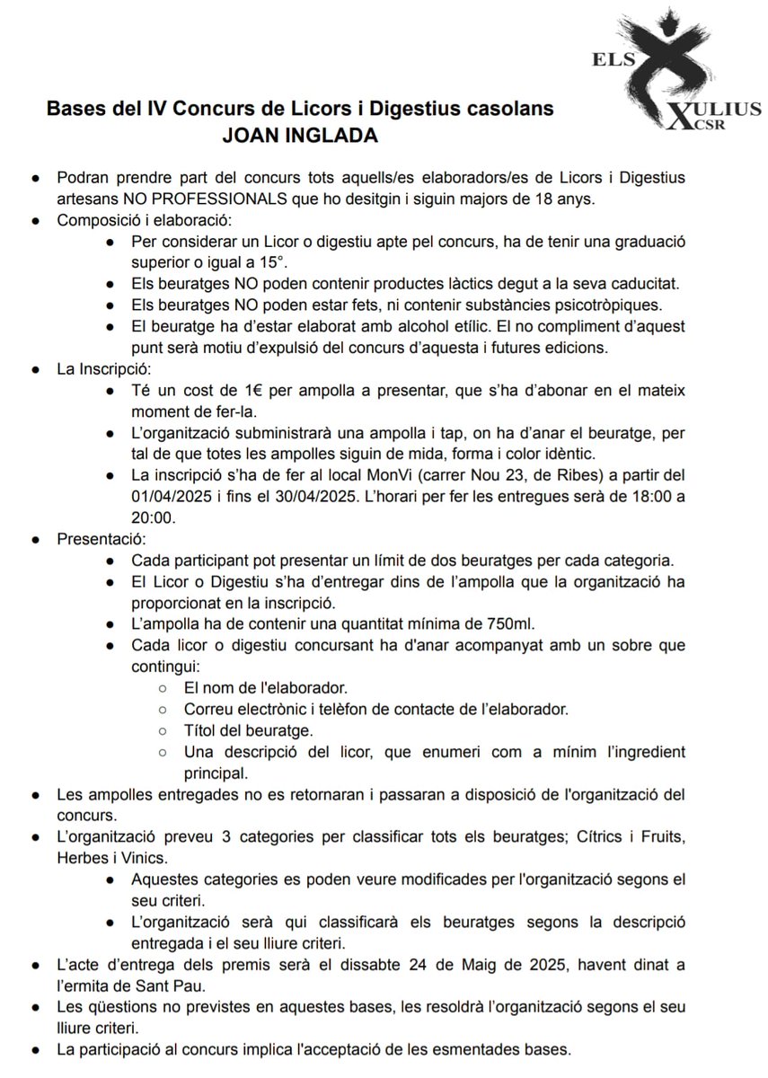 Tot just 12 dies i ja podreu començar a entregar el vostres beuratges a MonVi. Teniu tot el mes d'Abril per inscriure-us al #ConcursdeLicors Joan Inglada.

Avui publiquem les bases per aquesta IV edició.
I recordeu, el 24 de Maig ens veiem a Sant Pau!

#SPRibes #ConcursdeLicors