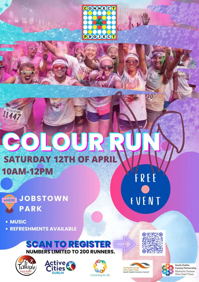 The Connect 4 Project (@connect4project) on Twitter photo 🌟🏃♂️🌈 Join Us for Our Community Easter Colour Run! 🏃♀️🎉🐣
📍 Location: Jobstown Park
📅 Date: April 12th
⏰ Time: 10 AM to 12 Pm
@activesouthdublin
@tallaghtdrugsalcohol
<a href="/SDC_Partnership/">South Dublin County Partnership</a>
Sign up!
forms.office.com/pages/response… 🌟🏃♂️🌈 Join Us for Our Community Easter Colour Run! 🏃♀️🎉🐣
📍 Location: Jobstown Park
📅 Date: April 12th
⏰ Time: 10 AM to 12 Pm
@activesouthdublin
@tallaghtdrugsalcohol
<a href="/SDC_Partnership/">South Dublin County Partnership</a>
Sign up!
forms.office.com/pages/response…