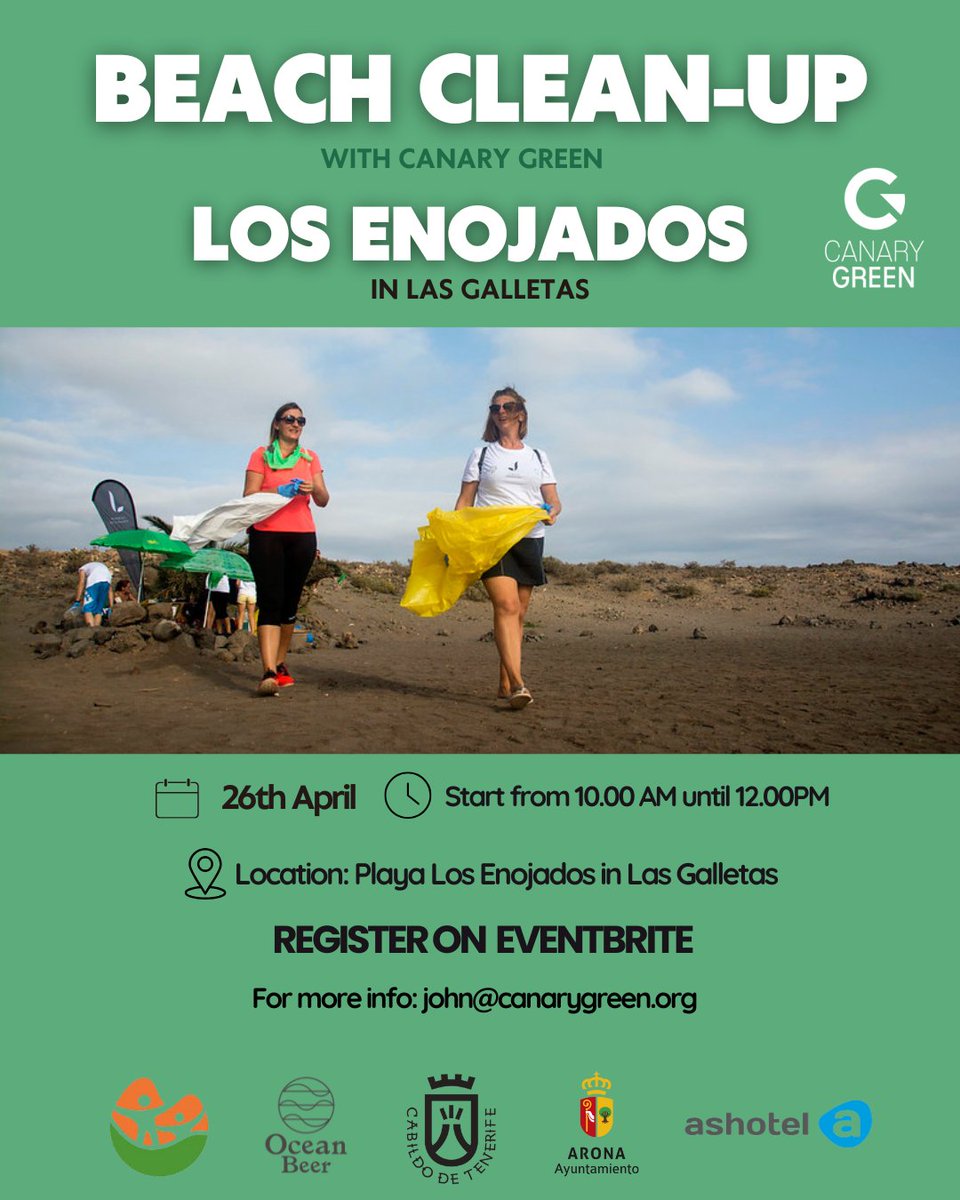 Join us for a Beach Clean-Up in Los Enojados, Las Galletas! 
Come help us protect this  beach! 💚
📅 26th April | ⏰ 10 AM - 12 PM
📍 Av. del Atlántico, 5, 38631 Arona, Tenerife
💧 Bring your reusable water bottle!
📲 Register through the link in bio!
#canarygreen #BeachCleanUp