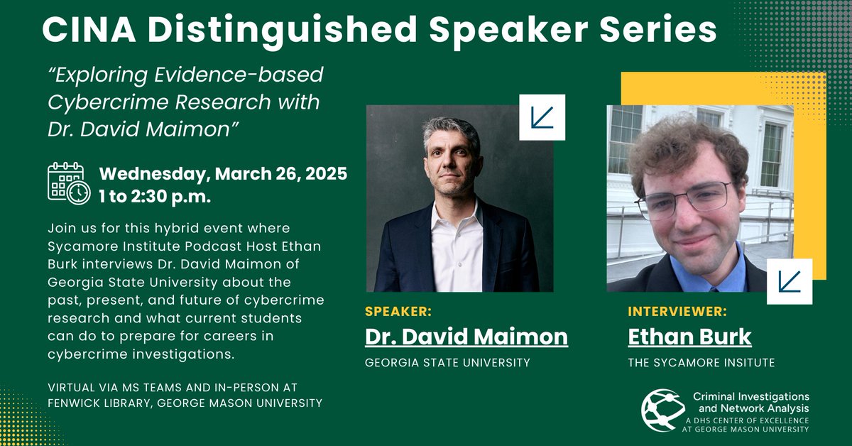 Join us on Wednesday, March 26 for the upcoming hybrid CINA Distinguished Speaker Series event as The Sycamore Institute Podcast Host Ethan Burk interviews <a href="/david_maimon/">David Maimon</a> of <a href="/GeorgiaStateU/">Georgia State University</a> about past, present, and future cybercrime research. Register here: bit.ly/3Fzycjo