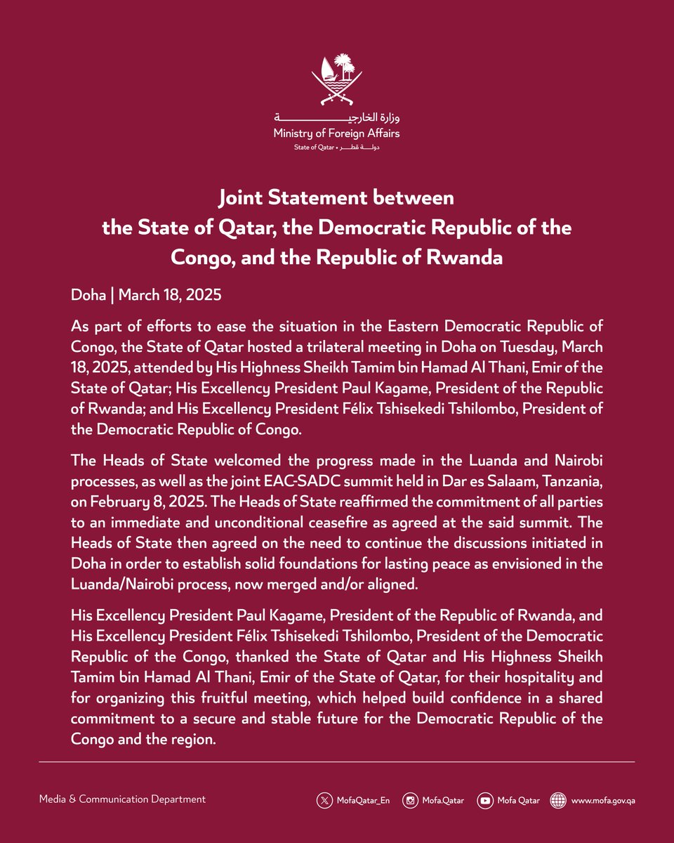 MofaQatar_EN's tweet image. Joint Statement between the State of Qatar, the Democratic Republic of the Congo, and the Republic of Rwanda

#MOFAQatar