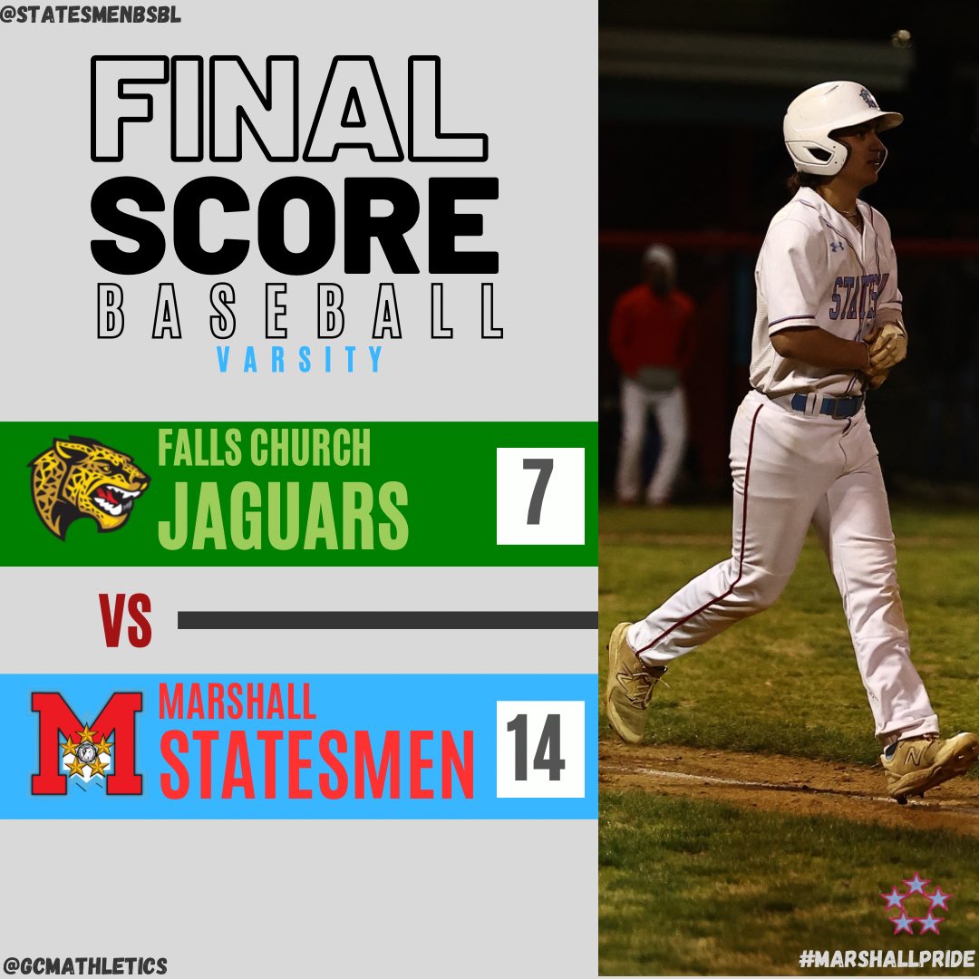 Marshall HS Athletics (@gcmsports1) on Twitter photo GCM Varsity Baseball Final Score:
Marshall 14, Falls Church 7.
⚾️⚾️⚾️
<a href="/MStatesmenBsbl/">Marshall HS Statesmen Baseball</a>
#marshallpride GCM Varsity Baseball Final Score:
Marshall 14, Falls Church 7.
⚾️⚾️⚾️
<a href="/MStatesmenBsbl/">Marshall HS Statesmen Baseball</a>
#marshallpride