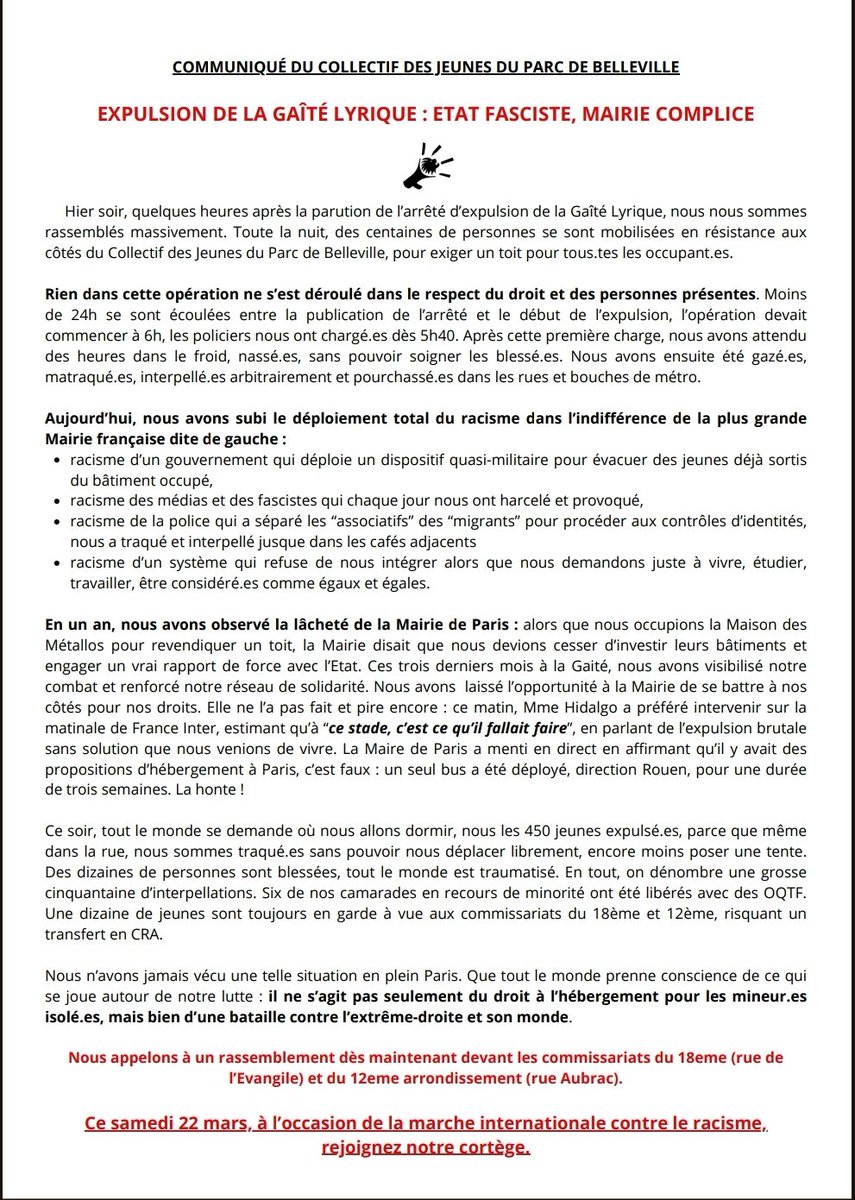MSolidarites's tweet photo. ✒️COMMUNIQUÉ DU COLLECTIF DES JEUNES DU PARC DE BELLEVILLE
🔴 EXPULSION DE LA GAÎTÉ LYRIQUE : ETAT FASCISTE, MAIRIE COMPLICE 

"Nous n’avons jamais vécu une telle situation en plein Paris. Que tout le monde prenne conscience de ce qui se joue autour de notre lutte : https://t.co/IdIUcaDHXb