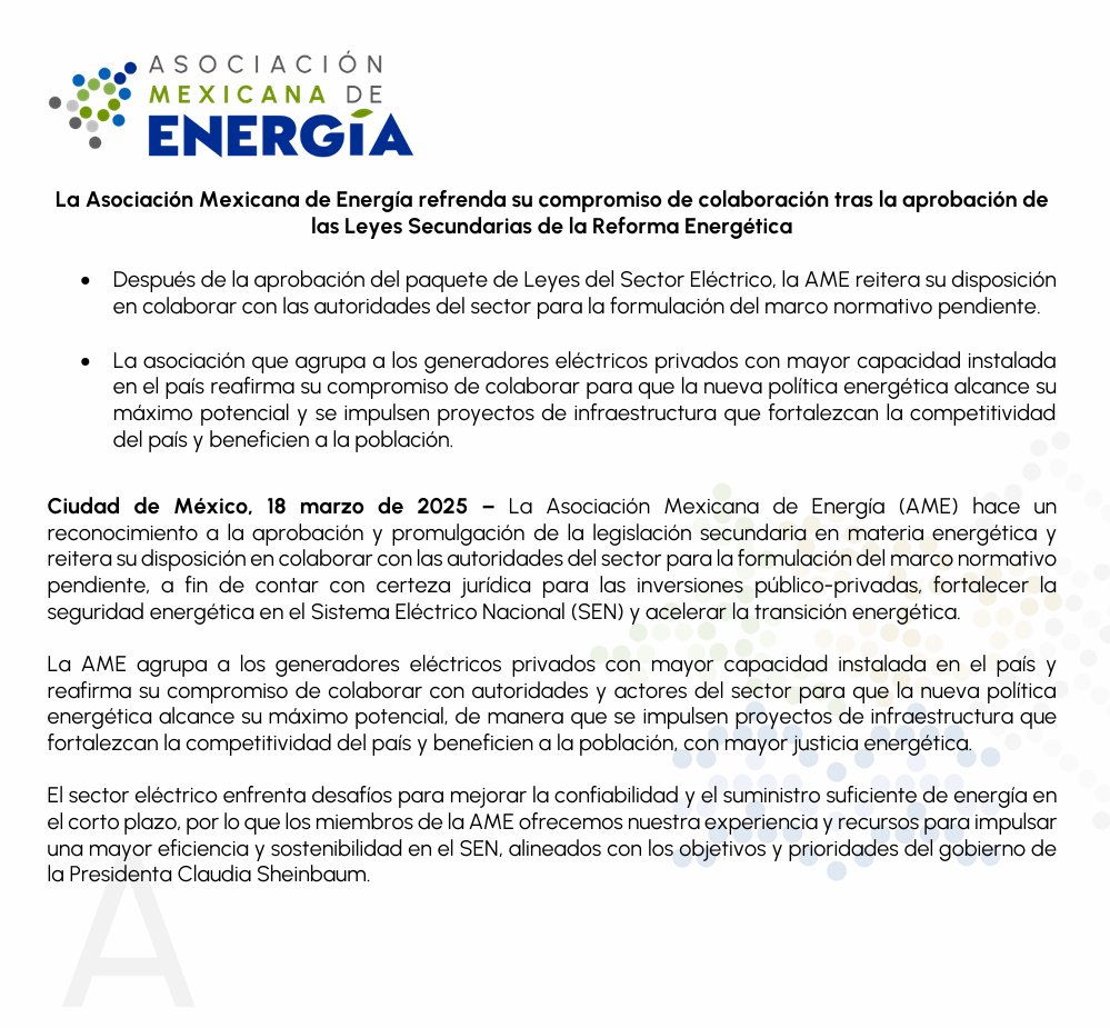 Asociación Mexicana de Energía (@ame_energia) on Twitter photo Tras la promulgación del decreto de reforma a las Leyes Secundarias en materia energética por parte de la presidenta <a href="/Claudiashein/">Claudia Sheinbaum Pardo</a>, en la <a href="/AME_Energia/">Asociación Mexicana de Energía</a> compartimos nuestro posicionamiento oficial y reafirmamos nuestro compromiso con el sector, así como con la colaboración Tras la promulgación del decreto de reforma a las Leyes Secundarias en materia energética por parte de la presidenta <a href="/Claudiashein/">Claudia Sheinbaum Pardo</a>, en la <a href="/AME_Energia/">Asociación Mexicana de Energía</a> compartimos nuestro posicionamiento oficial y reafirmamos nuestro compromiso con el sector, así como con la colaboración