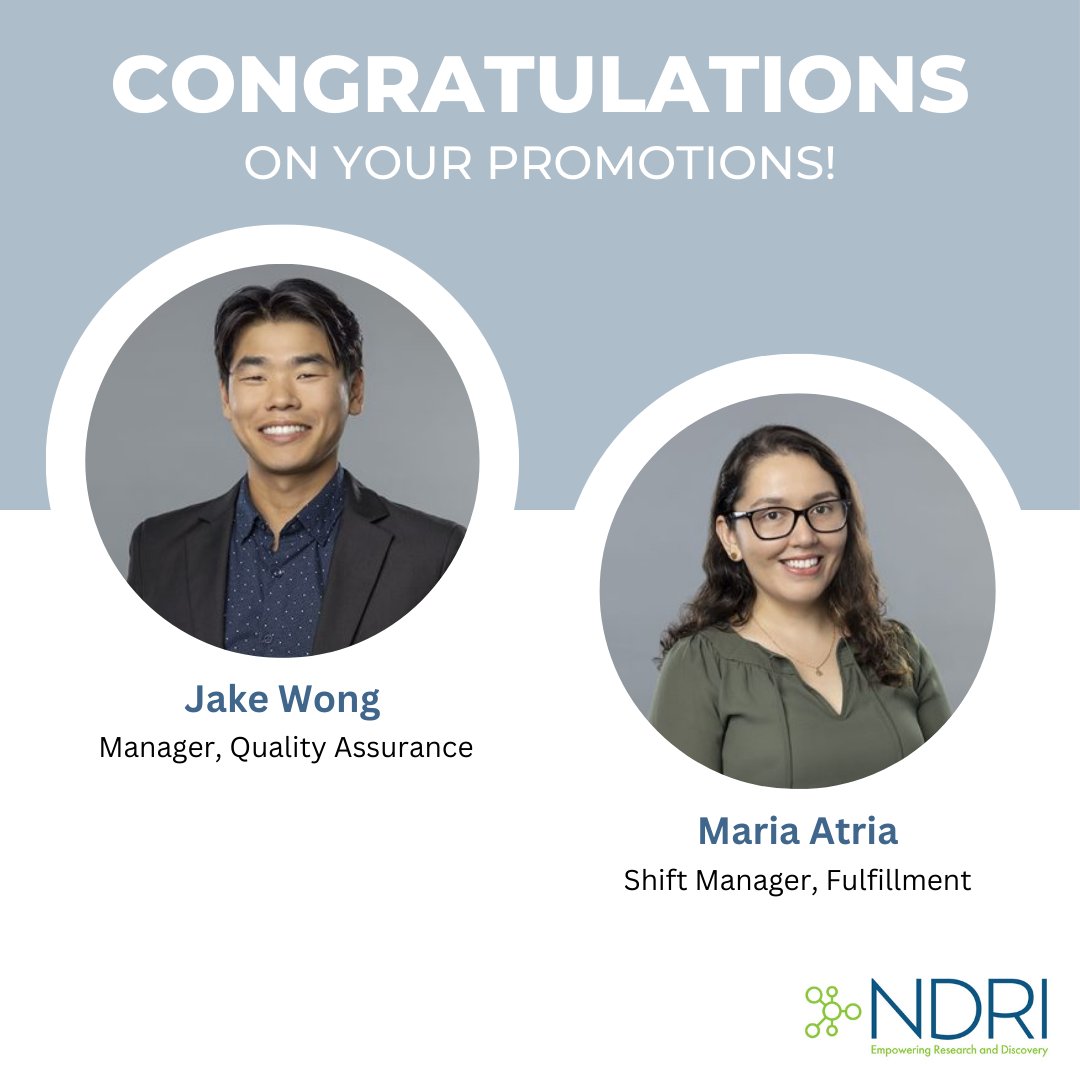 We are proud to announce the promotions of two valued members of our team, Jake and Maria! Please join us in congratulating both on these well-deserved advancements! #TeamSuccess #EmployeeGrowth #NDRI
