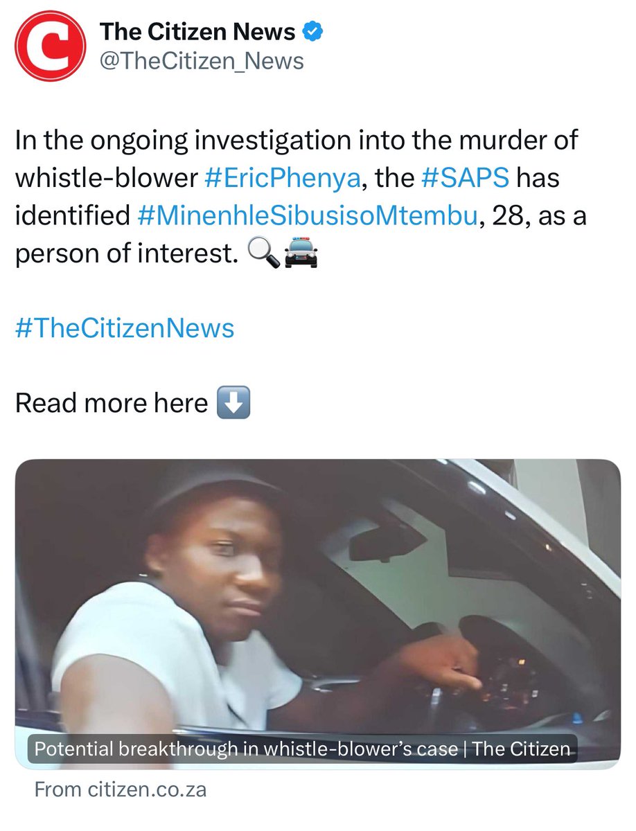 Glenda Fay Paul (@glenniepaul) on Twitter photo <a href="/IanCameron23/">Ian Cameron</a> <a href="/SAPoliceService/">SA Police Service 🇿🇦</a> <a href="/Senzo_Mchunu_/">Senzo Mchunu</a> <a href="/ParliamentofRSA/">Parliament of RSA</a> citizen.co.za/news/south-afr…
Can you add #EricPhenya brutal murder to the list of unsolved cases it’s been 28 months with no arrests despite identification of several POI who have yet to be questioned or arrested in Eric’s assassination in relation to his whistleblowing on corruption <a href="/IanCameron23/">Ian Cameron</a> <a href="/SAPoliceService/">SA Police Service 🇿🇦</a> <a href="/Senzo_Mchunu_/">Senzo Mchunu</a> <a href="/ParliamentofRSA/">Parliament of RSA</a> citizen.co.za/news/south-afr…
Can you add #EricPhenya brutal murder to the list of unsolved cases it’s been 28 months with no arrests despite identification of several POI who have yet to be questioned or arrested in Eric’s assassination in relation to his whistleblowing on corruption