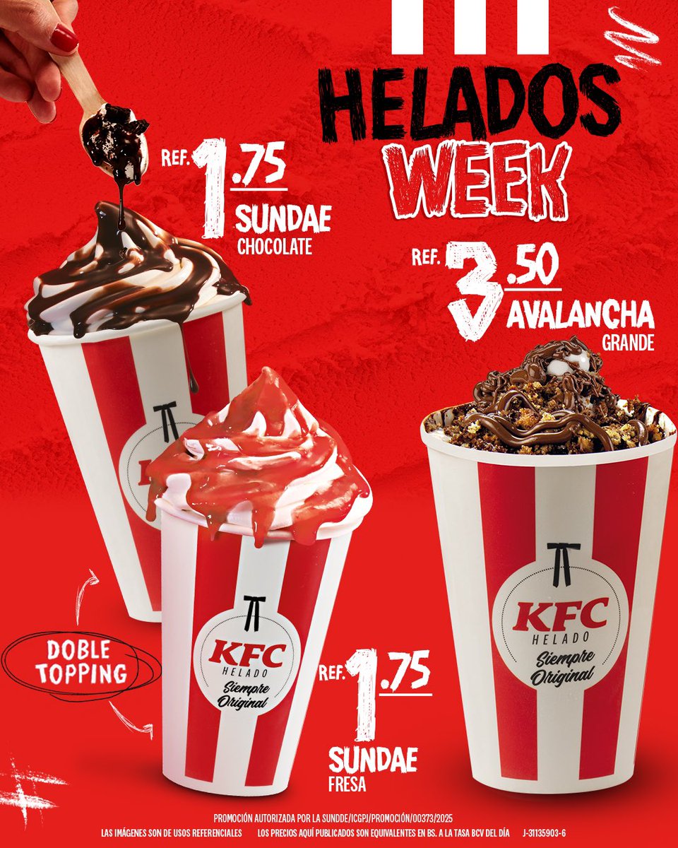 ¿Eres un verdadero fanático de los helados?😍

Demuéstralo en la Ice Week de KFC🍦

Consigue estos precios en todas nuestras tiendas, por autoservicios y delivery (excepto las barquillas) 🤩

❗️Disponible hasta el domingo 23/03

#KFC #Helados