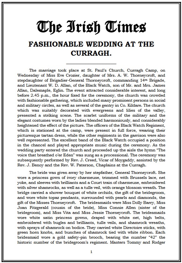 curraghhistory's tweet image. On St. Patrick’s Day 1909, the marriage between Miss Eva Crozier and Lieutenant W. D. Allen of the Black Watch, took place at St. Paul’s Garrison Church, Curragh Camp. After the ceremony, the wedding reception took place at the nearby Castlemartin House.
curragh.info/archives/Weddi…