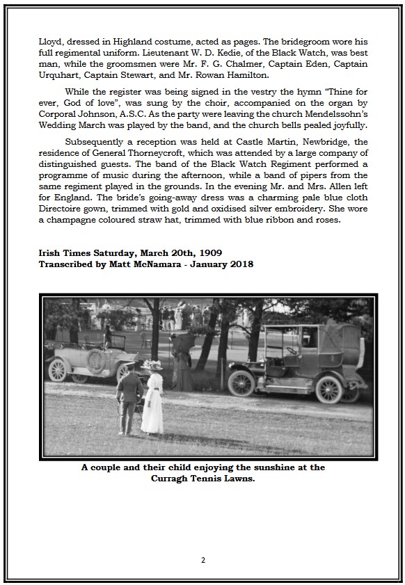 curraghhistory's tweet image. On St. Patrick’s Day 1909, the marriage between Miss Eva Crozier and Lieutenant W. D. Allen of the Black Watch, took place at St. Paul’s Garrison Church, Curragh Camp. After the ceremony, the wedding reception took place at the nearby Castlemartin House.
curragh.info/archives/Weddi…