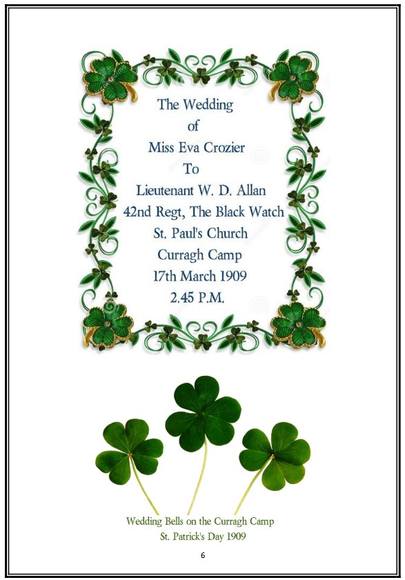 curraghhistory's tweet image. On St. Patrick’s Day 1909, the marriage between Miss Eva Crozier and Lieutenant W. D. Allen of the Black Watch, took place at St. Paul’s Garrison Church, Curragh Camp. After the ceremony, the wedding reception took place at the nearby Castlemartin House.
curragh.info/archives/Weddi…