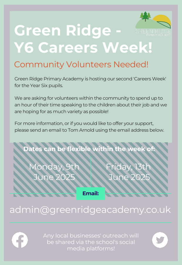 Green Ridge Primary (@greenridger2) on Twitter photo ❗️VOLUNTEERS NEEDED ❗️
Could you spare some time to come in and speak with our <a href="/GRPA_Year6/">GRPA_Year6</a> students as part of our Careers Week between Monday 9th - Friday 13th June? If so, Mr. Arnold would love to hear from you! 👮♀️🧑🚒👷♀️🧑🔧👩🌾🧑🍳 ❗️VOLUNTEERS NEEDED ❗️
Could you spare some time to come in and speak with our <a href="/GRPA_Year6/">GRPA_Year6</a> students as part of our Careers Week between Monday 9th - Friday 13th June? If so, Mr. Arnold would love to hear from you! 👮♀️🧑🚒👷♀️🧑🔧👩🌾🧑🍳