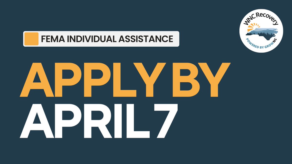 WNCRecovery's tweet image. Western North Carolinians who were affected by Hurricane Helene now have until April 7 to apply for  FEMA individual assistance. disasterassistance.gov
