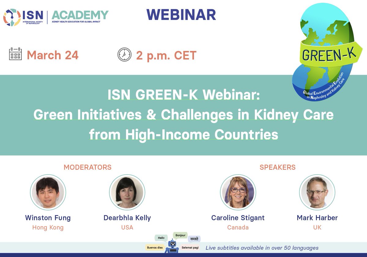 Int Society of Nephrology (@isnkidneycare) on Twitter photo 𝗦𝗔𝗩𝗘 𝗧𝗛𝗘 𝗗𝗔𝗧𝗘 for the next GREEN-K Webinar: "ISN GREEN-K Webinar: Green Initiatives & Challenges in Kidney Care from High-Income Countries."
🗣️ Caroline Stigant, Mark Harber
👤 <a href="/WinstonFung1/">Winston Fung</a>, <a href="/DearbhlaKelly4/">Dearbhla Kelly</a>
🗓️ March 24
🕑 2 pm CET
🔗 Free registration: 𝗦𝗔𝗩𝗘 𝗧𝗛𝗘 𝗗𝗔𝗧𝗘 for the next GREEN-K Webinar: "ISN GREEN-K Webinar: Green Initiatives & Challenges in Kidney Care from High-Income Countries."
🗣️ Caroline Stigant, Mark Harber
👤 <a href="/WinstonFung1/">Winston Fung</a>, <a href="/DearbhlaKelly4/">Dearbhla Kelly</a>
🗓️ March 24
🕑 2 pm CET
🔗 Free registration: