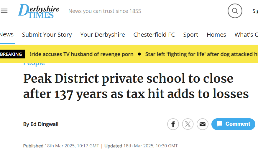 Labour tax hikes have closed another school, S. Anselm's:

"Increasing external financial pressures, including VAT on school fees, rising NI contributions, &amp; the removal of business rate relief have made it simply impossible to sustain the school,” said the Board of Governors.