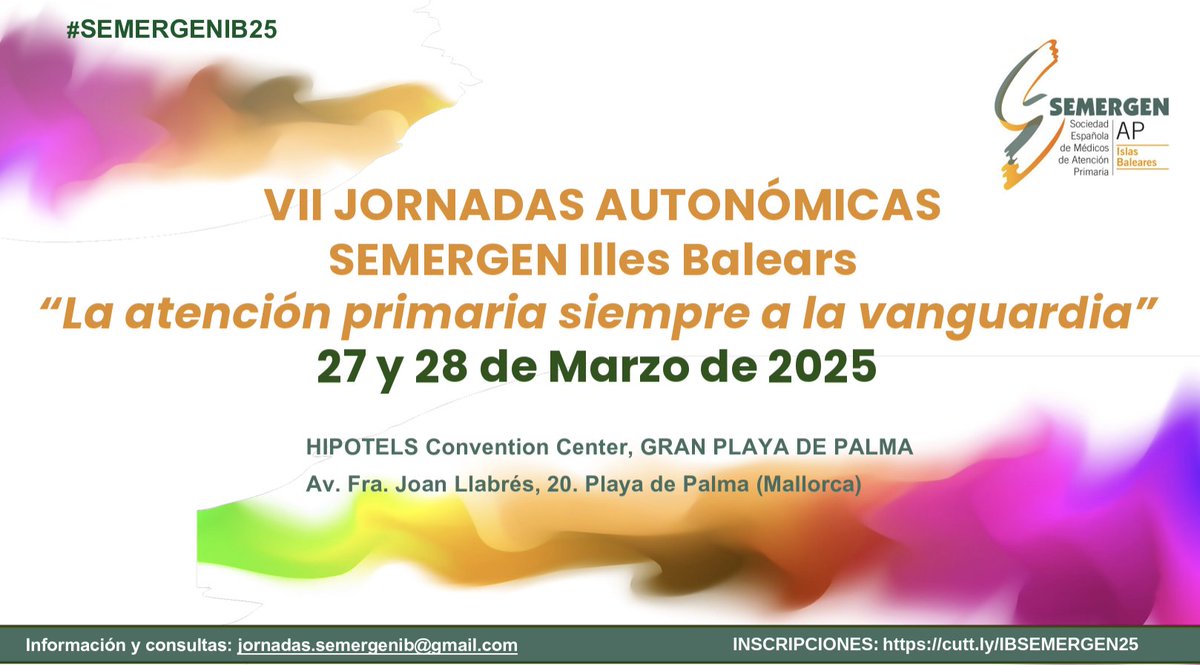 🟠VII Jornadas Autonómicas de SEMERGEN Baleares "La atención primaria siempre a la vanguardia"
📅27 y 28 de marzo de 2025 en 📍Playa de Palma (Mallorca)
👉Programa: s.mtrbio.com/bjmollzwvg
 👉Inscripciones: s.mtrbio.com/vmarpywvtr
<a href="/ibsemergen/">IBSEMERGEN☀️#SEMERGENIB25</a> <a href="/anamoya48/">Ana Moyá #SEMERGEN25</a> <a href="/Anasamez/">Ana Sanchis # SEMERGEN23</a> <a href="/marsureda/">Mar Sureda</a>