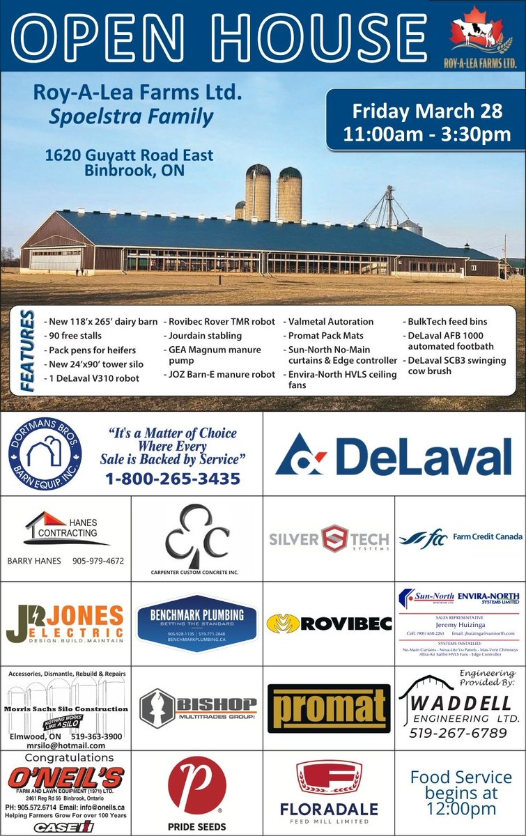 DortmansB's tweet photo. You are invited! Join us at Roy-A-Lea Farms Ltd. 🐮as we celebrate with the Spoelstra family.👨‍👩‍👦‍👦 Tour their new barn, see the robots in action and chat with us about the journey from planning to completion.🚜 See you then!👀
#dortmansbros #delaval  #royaleafarmsltd #rovibec https://t.co/Um7oUSgGb1