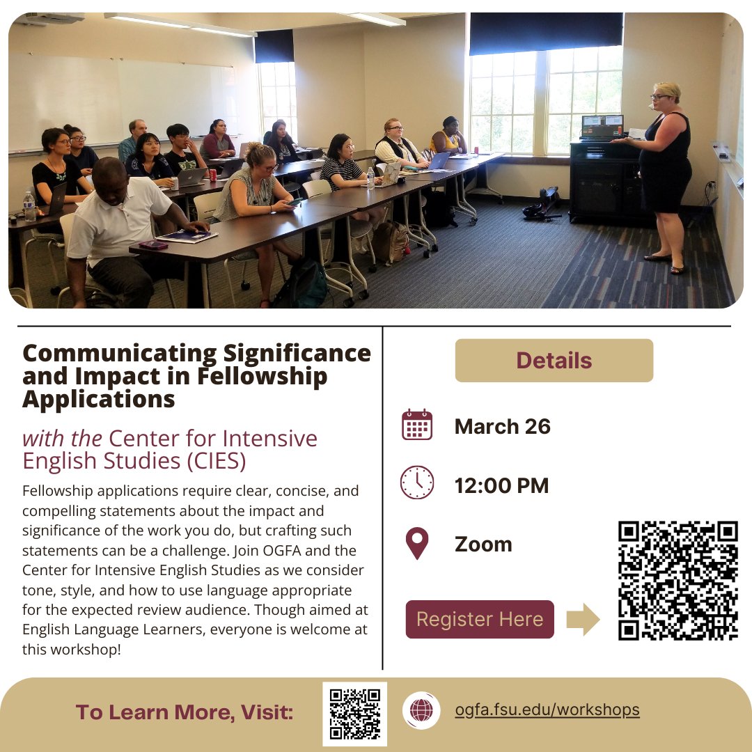 ogfafsu's tweet photo. Join us at noon on March 26 via Zoom as we discuss using tone and style to clearly communicate significance in a graduate fellowship or grant application. Register here: https://t.co/Ol3g783iqW https://t.co/lhxiknEKLd