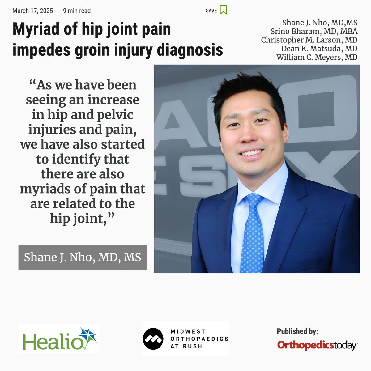 📰 Just featured in Orthopedics Today 📰 
⁠
Hip joint pain wears many disguises. Adductors? FAIS? Osteitis Pubis? The list goes on. Sorting out the true source is key to getting athletes back in action.

Check it out! healio.com/news/orthopedi…