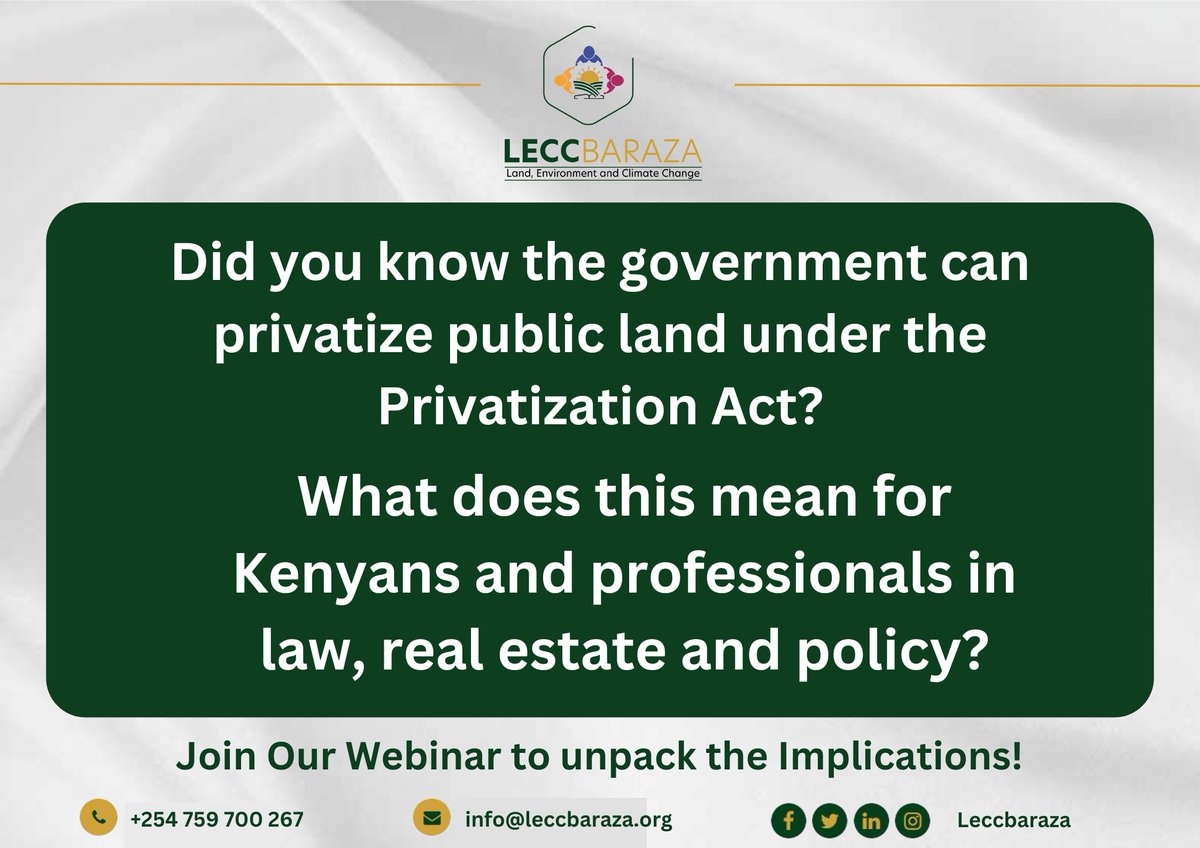 LECCBaraza's tweet photo. Should public land be privatized? What safeguards should be in place?

Join our webinar and let's break it down together!

Registration link in comments.

#RealEstate #Valuation #LandEconomics #UrbanPlanning #Surveyors #PropertyLaw #EnvironmentalLaw #SustainableDevelopment https://t.co/V2pzK91igc
