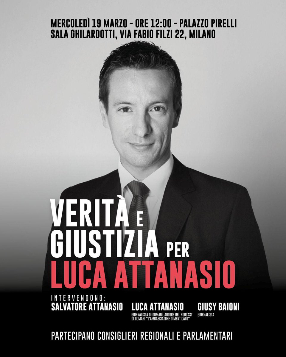 Mercoledì 19 marzo, ore 12:00 a Palazzo Pirelli, Milano.  "Verità e giustizia per Luca Attanasio".  Con: Salvatore Attanasio, Luca Attanasio, giornalista, autore del podcast di Domani "L'ambasciatore dimenticato" Giusy Baioni, giornalista
[La diretta👇]
youtube.com/@PDLombardia20…