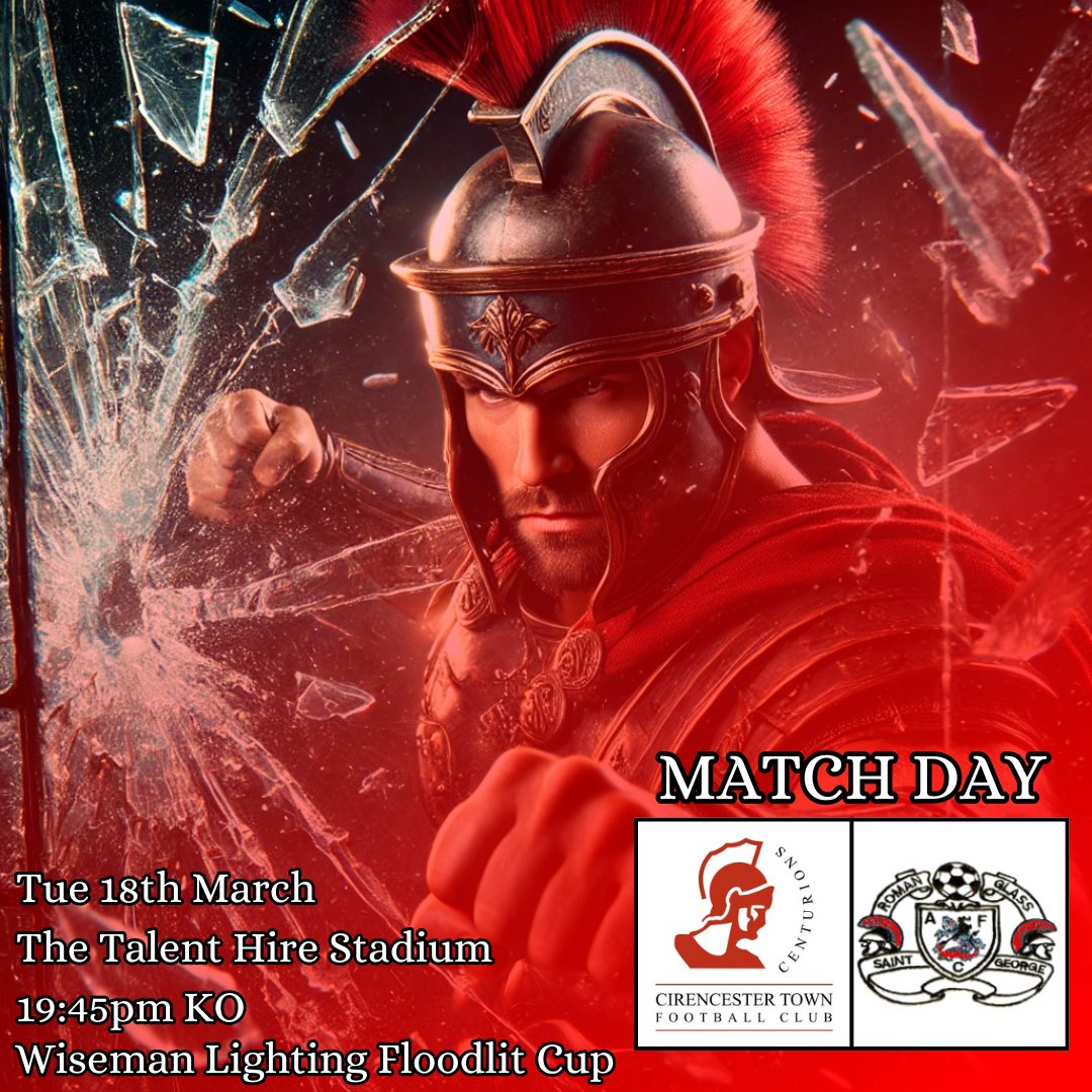 IT’S SEMI-FINAL MATCHDAY🚨

Come down and support the boys in tonight’s semi-final clash in the Wiseman Lighting Floodlit Cup as we take on Roman Glass St George🔴⚫️

🆚 <a href="/RomanGlassFC/">Roman Glass St. George 🏛🪟🏴󠁧󠁢󠁥󠁮󠁧󠁿</a> 
🏟️ The Talent Hire Stadium
⏰ 19:45PM KO
🏆 Wiseman Lighting Floodlit Cup 

#Centurions