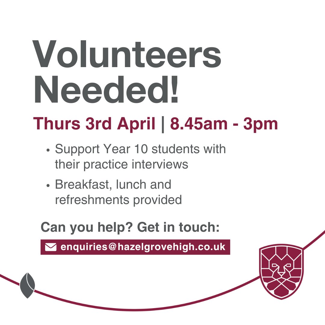 Hazel Grove High School (@h_g_h_s) on Twitter photo 📢 | Call for Volunteers!
We're looking for volunteers to support our Year 10 Practice Interview Day, can you help?
📆 Thurs 3rd April, 8.45am-3pm.
☕️ Breakfast, light lunch & refreshments provided.
Please share and get in touch if you can help!:
enquiries@hazelgrovehigh.co.uk 📢 | Call for Volunteers!
We're looking for volunteers to support our Year 10 Practice Interview Day, can you help?
📆 Thurs 3rd April, 8.45am-3pm.
☕️ Breakfast, light lunch & refreshments provided.
Please share and get in touch if you can help!:
enquiries@hazelgrovehigh.co.uk