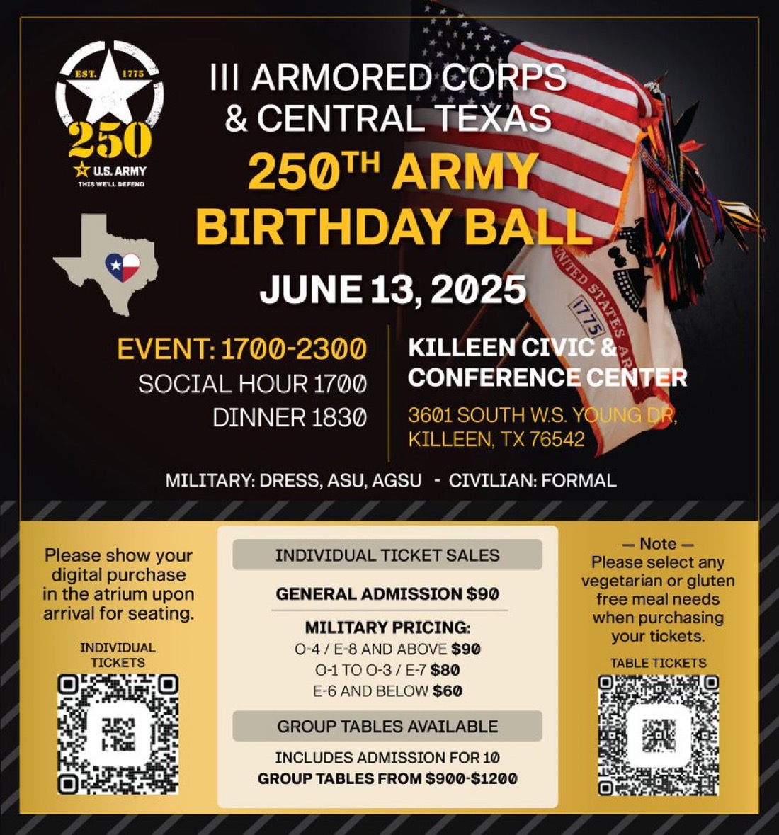 250th Army Birthday Ball hosted by III Armored Corps! 

Killeen Civic &amp; Conference Center
June 13, 2025 5PM-11PM

Military: Dress, ASU, AGSU
Civilian: Formal

Individual Tix: checkout.square.site/merchant/MLBA0…

Table Tix:
checkout.square.site/merchant/MLBA0…

#IIIArmoredCorps | <a href="/USArmy/">U.S. Army</a> | #Army250