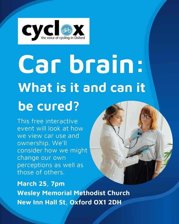 Who is the road for? Bikes? Cars? .... 
Of course not, the road is for people. 
Come to our event and find out if you are suffering from car brain, or even bike brain. We all need to share the streets. 
tinyurl.com/carbraincyclox