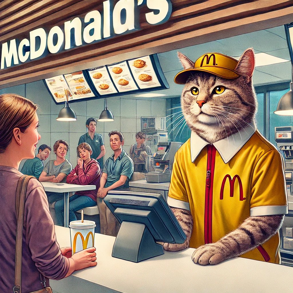 Ayssol's tweet photo. Customer: The ice cream machine is broken again?! 😡
McCatz: Bro, I’m a cat. Be grateful I even took your order. 😼🍟🍔

@_McCatz_ 
$MCCATZ #McCatz https://t.co/NTh7UXdAZz
