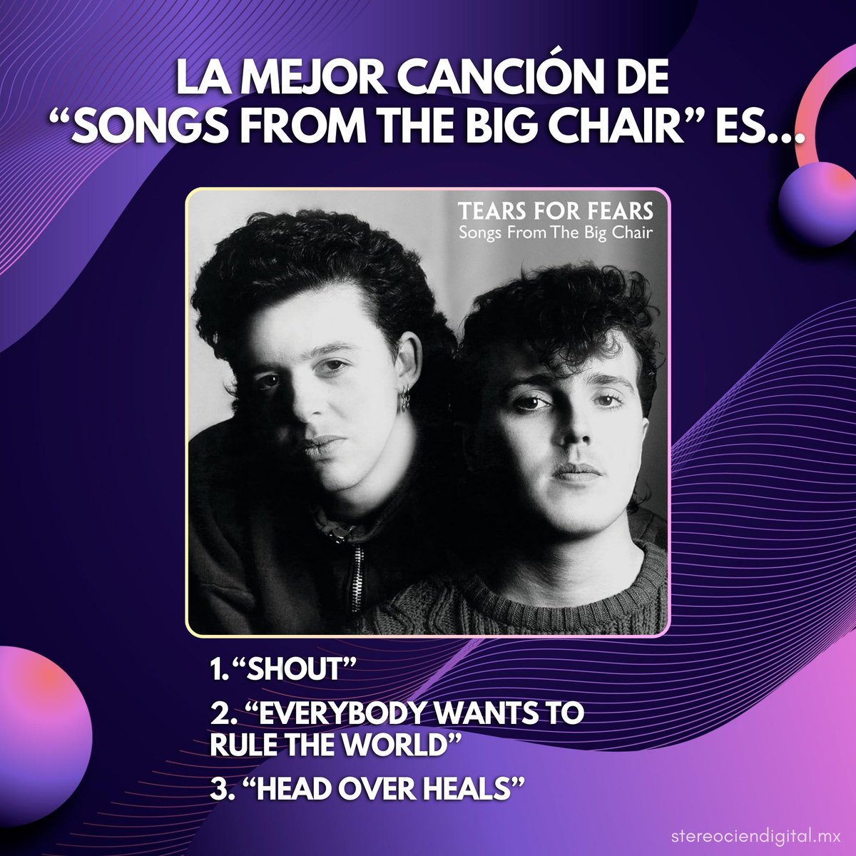 stereocienmx's tweet photo. Hablemos de joyas ochenteras. 💿✨ Tears for Fears marcó a toda una generación con Songs from the Big Chair. Pero si solo pudieras elegir una canción, ¿con cuál te quedas? 🎶 Vota con tu reacción y cuéntanos tu historia con este álbum.
#Throwback80s #MúsicaQueNosMarcó https://t.co/8VH3Pl63J9