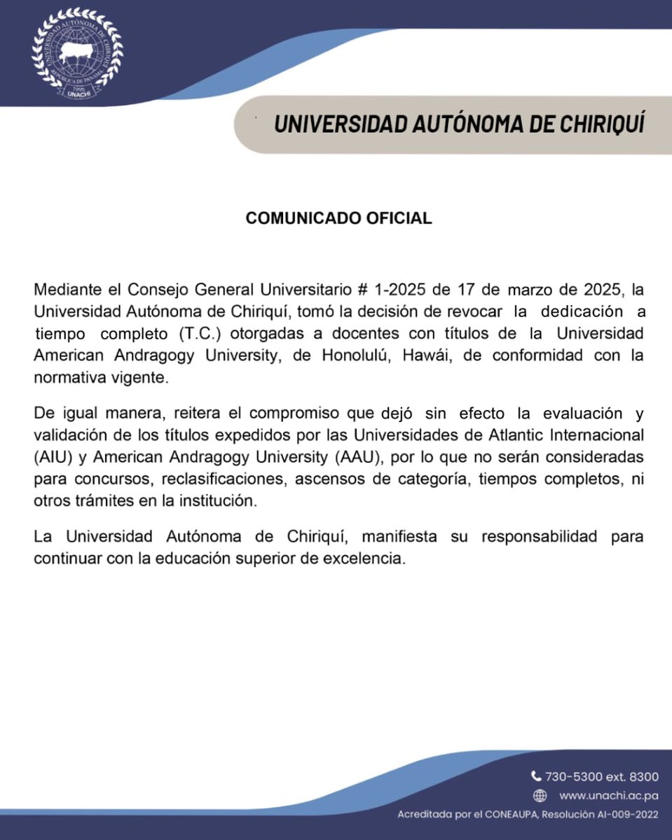 RetenChiriqui's tweet image. 🚨 La Unachi revoca tiempo completo a docentes con títulos no acreditados. Estos títulos no serán válidos para concursos ni ascensos dentro de la universidad. #Unachi #EducaciónPanamá
retenchiriqui.com/post/unachi-re…
#Unachi #EducaciónSuperior #Chiriquí #Panamá