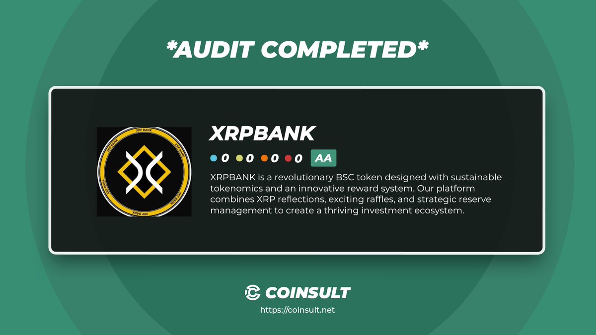 CoinsultAudits's tweet photo. 🔒 AUDIT COMPLETED FOR XRPBANK

🎁 GIVEAWAY: $10

1⃣ Follow @XrpBankBsc  &amp; @CoinsultAudits
2⃣ Like + RT this tweet
3⃣ Place a comment 💬

Go check out the full project page of XRPBANK 👇
https://t.co/mnBlAs3snH

#giveaway #audit #smartcontract #cryptogiveaway #crypto #pinksale https://t.co/Qt9o1kEikS