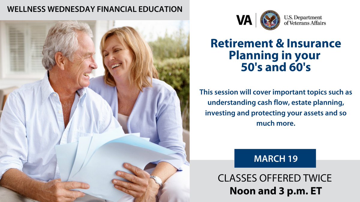 Veterans and transitioning service members, are you ready for retirement?  The #WellnessWednesday Financial Education series returns TOMORROW, Mar. 19 at 12 and 3 pm ET (9 am and 12 pm PT) to help those in their 50s and 60s plan for retirement. 

Register: events.zoom.us/ev/AnBipe8uKMc…