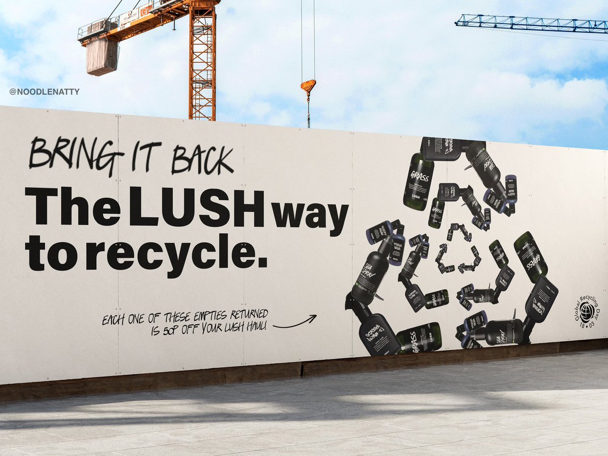 Create fun billboard-style posters to advertise for #GlobalRecyclingDay
<a href="/OneMinuteBriefs/">One Minute Briefs ⏱️</a> 
<a href="/LushLtd/">LUSH UK</a>