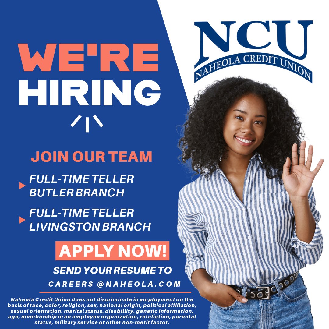WE'RE HIRING!  Are you ready to join our team? We are looking for full-time tellers at our Butler and Livingston Branches.  To apply, send your resume to careers@naheola.com.  We can't wait to meet you! #NCU #Naheola #NaheolaCreditUnion