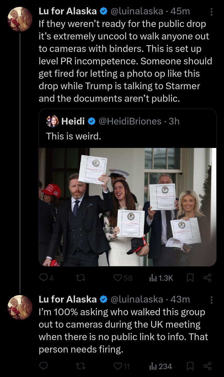 Le0nMuks's tweet photo. Someone deleted every single post she made the other day demanding the Epstein files, gee I wonder why? Couldn't be because it became apparent Trump, Patel &amp; Bondi are desperately covering them up, could it? Tee hee 🤭 https://t.co/6byuNXSgjE