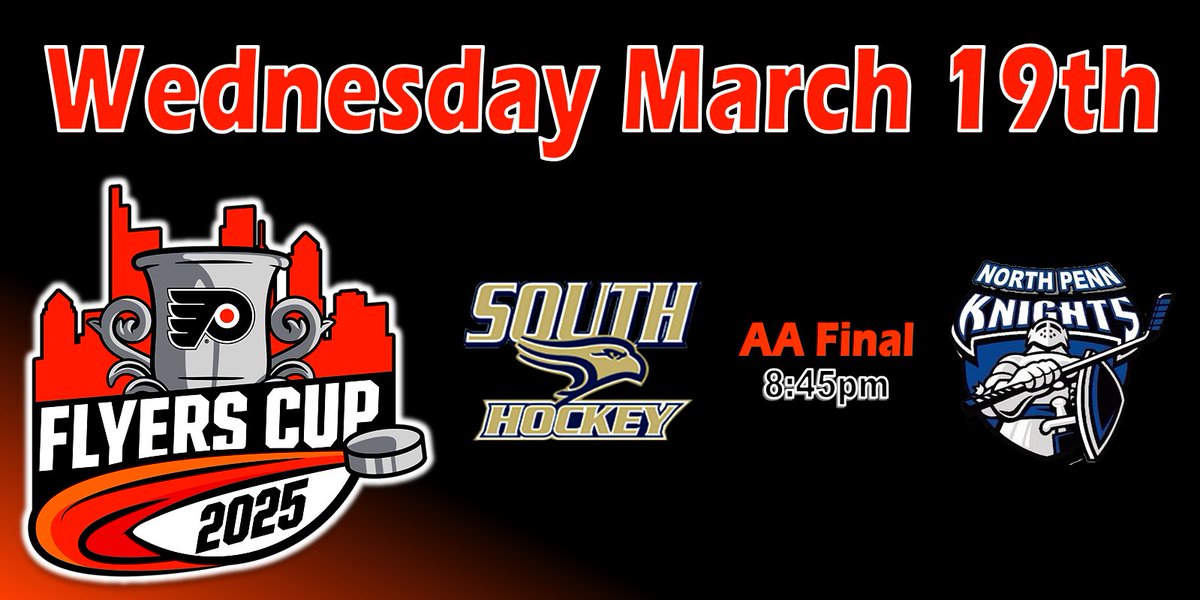 FLYERS CUP AA FINALS 
Tomorrow, 3/19 at 8:45pm - Tickets Still Available!

See link below for Online Tickets &amp; Parking.  We will start letting spectators in at 8:30pm.  Please do not park in any other areas, other than the spots we have listed below!

hatfieldice.com/wp-content/upl…