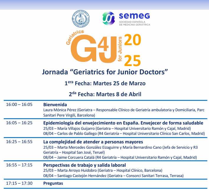 📣¡No te pierdas las próximas jornadas "Geriatric for Junior Doctors" en las que desarrollaremos diferentes aspectos de la Geriatría! Inscríbete en la primera sesión del próximo 25 de marzo en el siguiente enlace: zoom.us/meeting/regist… #JovenesSEGG <a href="/seggeriatria/">SEGG</a> <a href="/semeg_es/">𝗦𝗘𝗠𝗘𝗚</a>