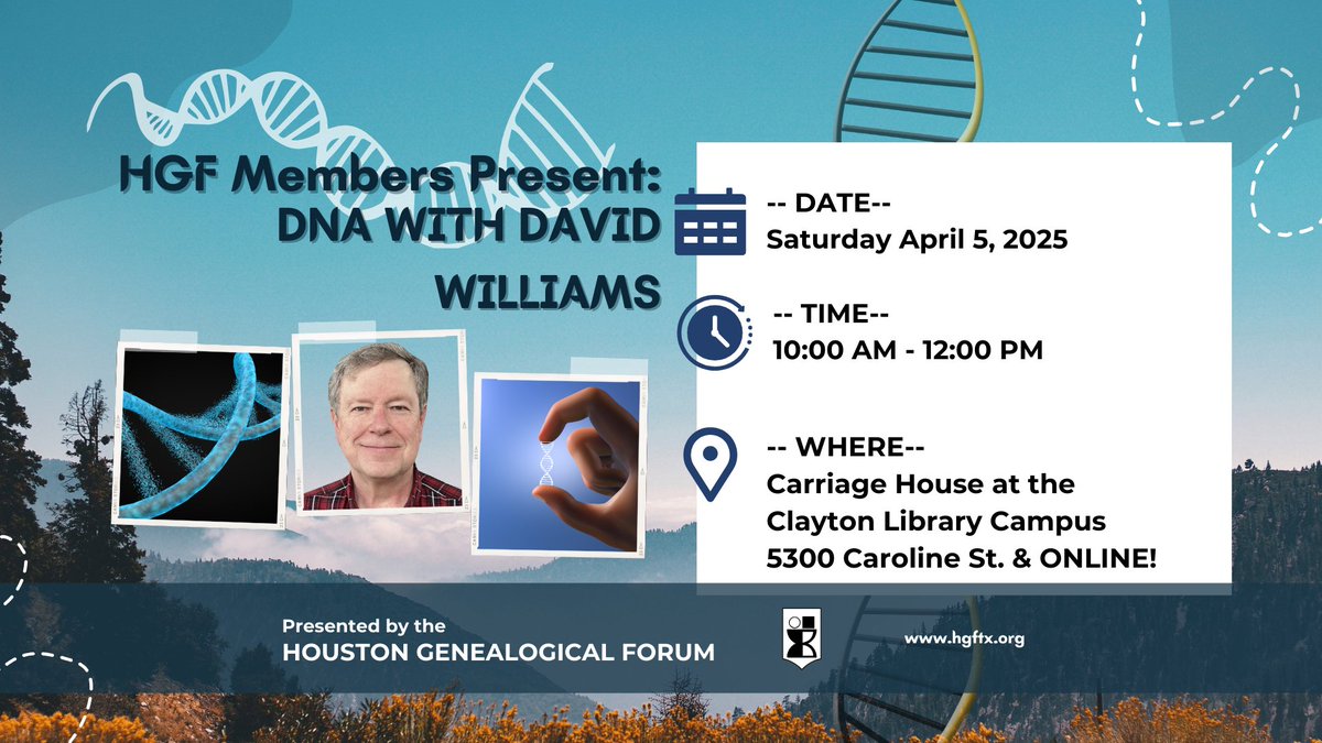 _hgftx_'s tweet image. 🧬🌳 HGF April Meeting: DNA with David Williams!

📅 April 5, 2025 | 10 AM - 12 PM
📍 Online &amp;amp; In-Person at Clayton Library
🎟️ FREE for all—Register now! 
Learn how Y-DNA &amp;amp; autosomal DNA can help trace your ancestry! Don’t miss it! 🔍✨ #Genealogy #DNA #HGFTX