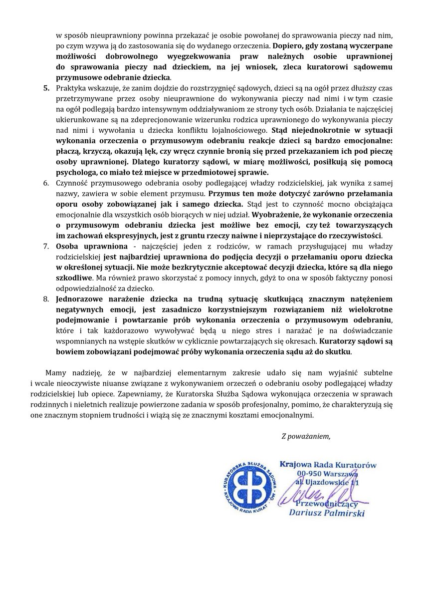 Komunikat Krajowej Rady Kuratorów w sprawie przekazów dotyczących czynności kuratorów sądowych, związanych z procedurą przymusowego odebrania dziecka, która miała miejsce w Głogowie w ostatni dzień lutego br.