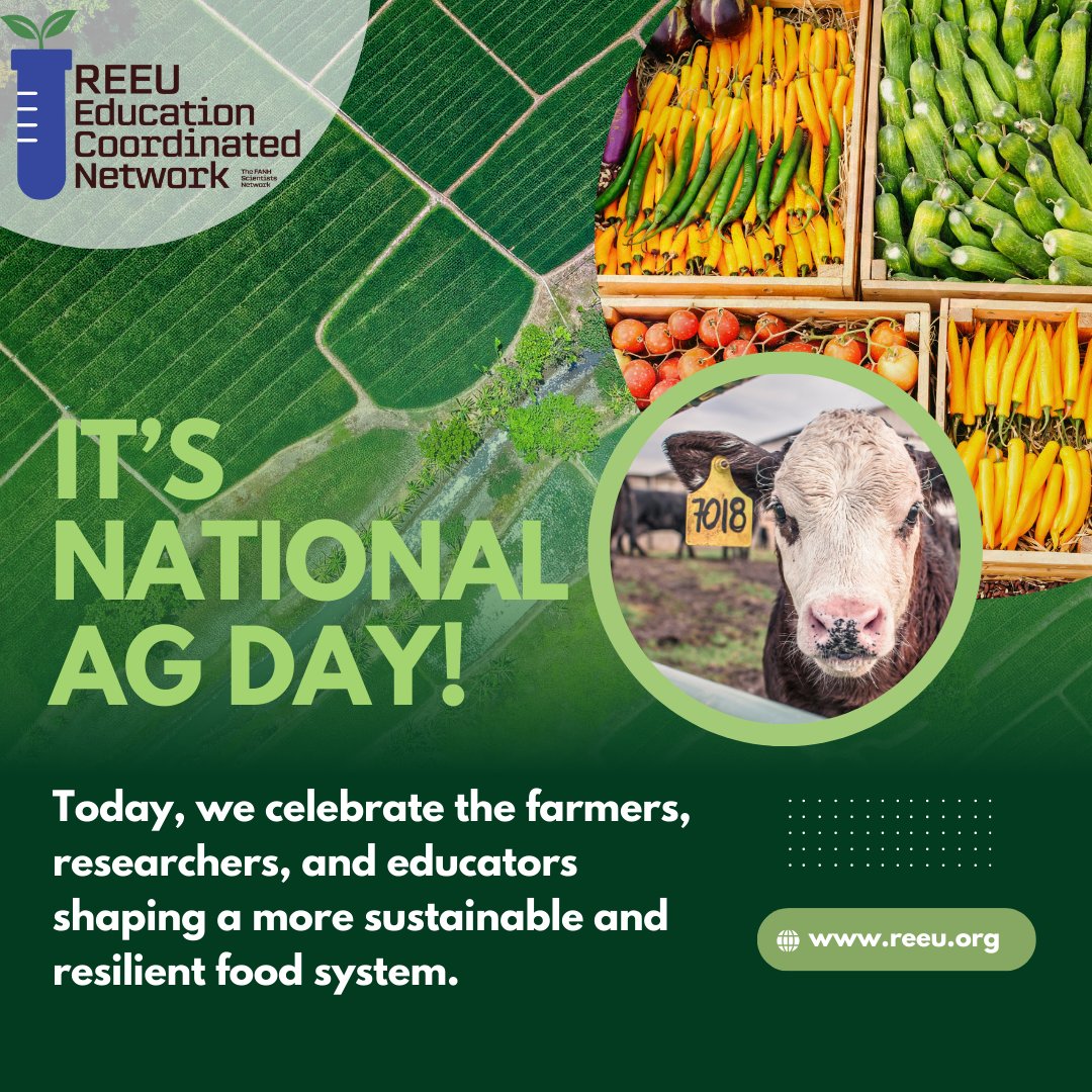 REEU_ECN's tweet photo. Happy National Ag Day!

Today, we celebrate the farmers, researchers, and innovators who work tirelessly to feed, fuel, and sustain our world. 

Join us in recognizing the impact of agriculture and those who make it possible. 

#reeu #fanh #USDA #NIFAimpacts @USDA_NIFA https://t.co/YHeDiMcTgl