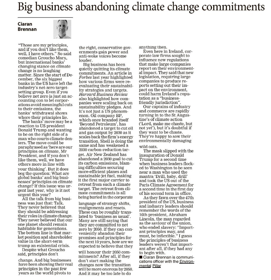 Environmental Pillar (@env_pillar) on Twitter photo Big business has been showing its real principles in the past few years as the world pivots to the right, conservative Govts gain power & anti-woke voices become louder - it has been quietly quitting its climate commitments. Many thanks to <a href="/irishexaminer/">Irish Examiner</a> for running our op-ed Big business has been showing its real principles in the past few years as the world pivots to the right, conservative Govts gain power & anti-woke voices become louder - it has been quietly quitting its climate commitments. Many thanks to <a href="/irishexaminer/">Irish Examiner</a> for running our op-ed