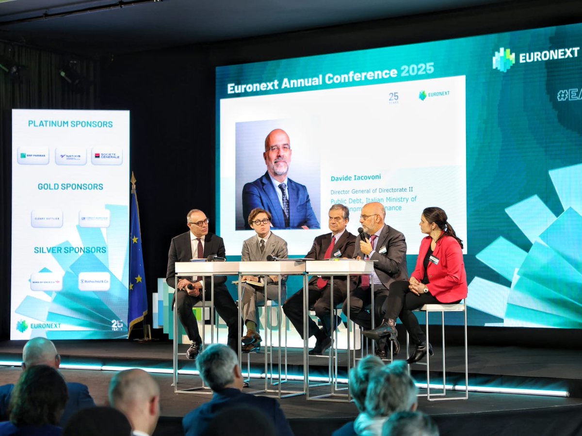 Euronext (@euronext) on Twitter photo "How to manage European sovereign debts in challenging times?" with Angelo Proni (MTS #Euronext), Jean-Jacques Barbéris (Amundi AM), Lorenzo Bini Smaghi (Societe Generale), Davide Iacovoni (Italian Ministry of Economy & Finance) & Dorothée Rouzet (French Treasury) at #EAC2025. "How to manage European sovereign debts in challenging times?" with Angelo Proni (MTS #Euronext), Jean-Jacques Barbéris (Amundi AM), Lorenzo Bini Smaghi (Societe Generale), Davide Iacovoni (Italian Ministry of Economy & Finance) & Dorothée Rouzet (French Treasury) at #EAC2025.