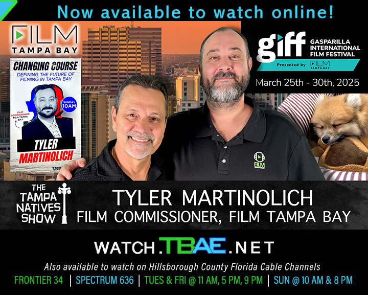 "Tyler Martinolich, Film Tampa Bay" <a href="/TpaNativesShow/">Mario R. Núñez</a> 
To learn more visit: filmtampabay.com | gasparillafilmfestival.com 

Watch now: watch.tbae.net/m/HsutRhMl/tyl…

March 18th &amp; March 21st - Tuesday &amp; Friday
11AM, 5PM &amp; 9PM
March 23rd - Sunday
10AM &amp; 8PM
<a href="/FilmTampaBay/">Film Tampa Bay</a>