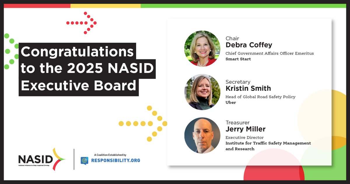 We're excited to announce the 2025 NASID Executive Board! Congratulations to <a href="/DebraCoffey56/">Debra Coffey</a>, <a href="/kristinaurora/">Kristin Smith</a> and Jerry Miller.  

We look forward to all we will accomplish to #EndImpairedDriving with the help of this strong leadership team: bit.ly/3XWpbqU